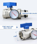 Two Loop Stainless Steel PEX Manifold Kit For Floor Radiant Heating With 1 Inch NPT Supply And Return Shut Off Valves Up To 1.4 GPM Flow Meter Includes Half Inch Adapters For Hydronic Heating, showing temperature gauge and shut-off ball valve.