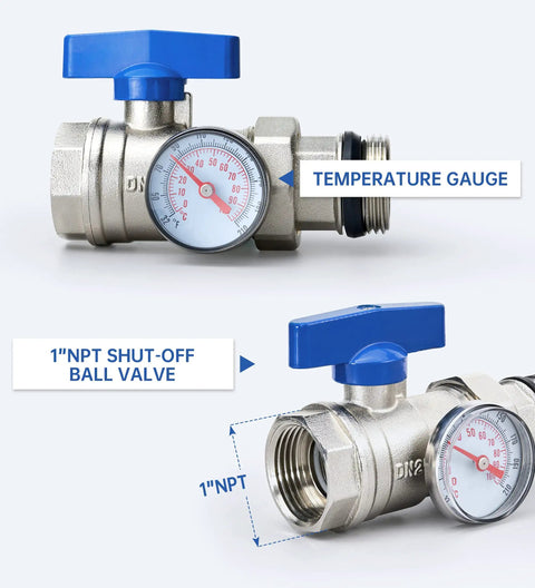Two Loop Stainless Steel PEX Manifold Kit For Floor Radiant Heating With 1 Inch NPT Supply And Return Shut Off Valves Up To 1.4 GPM Flow Meter Includes Half Inch Adapters For Hydronic Heating, showing temperature gauge and shut-off ball valve.