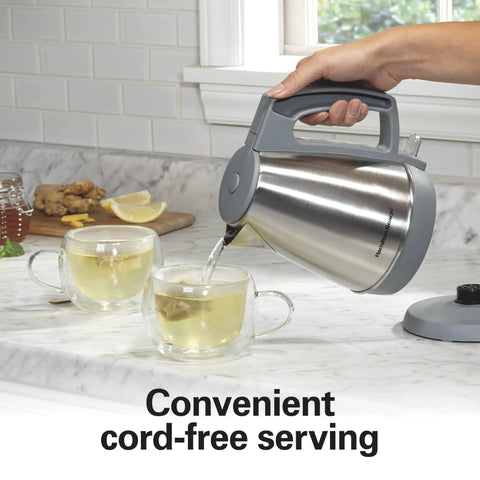 1 Liter Electric Kettle With 1500 Watt Fast Boil, Cordless Water Heater, pouring hot water into glass cups on countertop