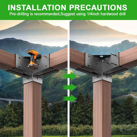 Beefy Heavy Duty Pergola Bracket Kit For 4x4 Posts, Weatherproof Q235 Steel With Anti Corrosion Finish, showing installation on wood posts.