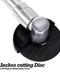 3 Inch Pneumatic Cut Off Tool With Extended Handle And Stepless Speed Dial Runs Cool And Cuts Through Welds Fast Spinning 18000 Rpm For Auto Body Repair And Metal Grinding Built From Solid Aluminum Alloy And Plugs Right Into Shop Compressor close-up of cutting disc and safety cover.