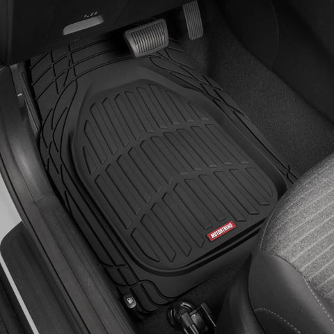 Premium Quality Heavy Duty Hella Durable All Weather Floor Mats Deep Dish Waterproof Trim To Fit Black Rubber Guard Set for Cars Trucks SUVs in vehicle footwell.