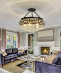 5 Light Black Crystal Round Chandelier Chic Modern Semi Flush Mount Ceiling Light Fixture in elegant living room