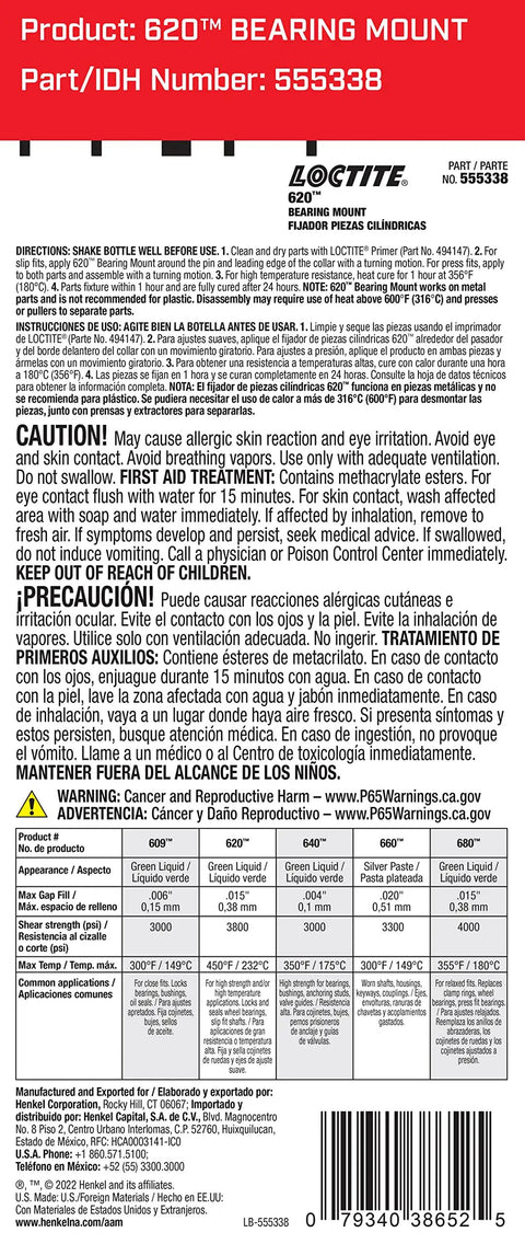 Built Tough High Temperature Bearing Mount Adhesive Liquid Retaining Compound Shop Approved Thick Formula Straight To The Point Engine Rebuild Fix 36 ML Application Bottle label with usage instructions and safety warnings.