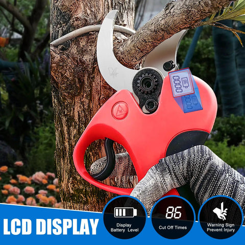 Pro-Level Cordless Pruning Shears That Rips Through 1.6 Inch Branches Like Butter With Rechargeable Batteries, view showing LCD display and cutting thick branch.
