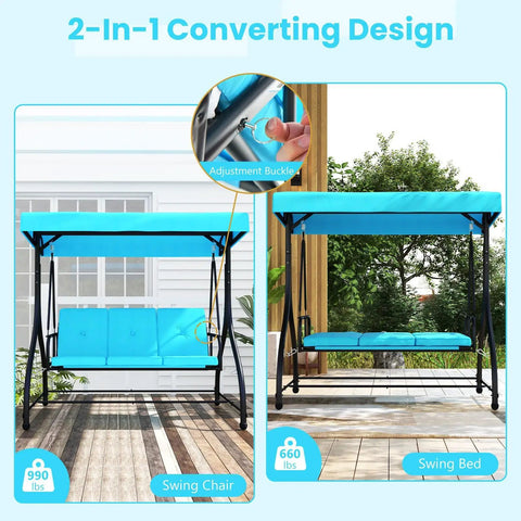 Three Seat Outdoor Porch Swing 2 In 1 Swing Glider With Adjustable Canopy Weatherproof Fabric Removable Cushions Foot Pads