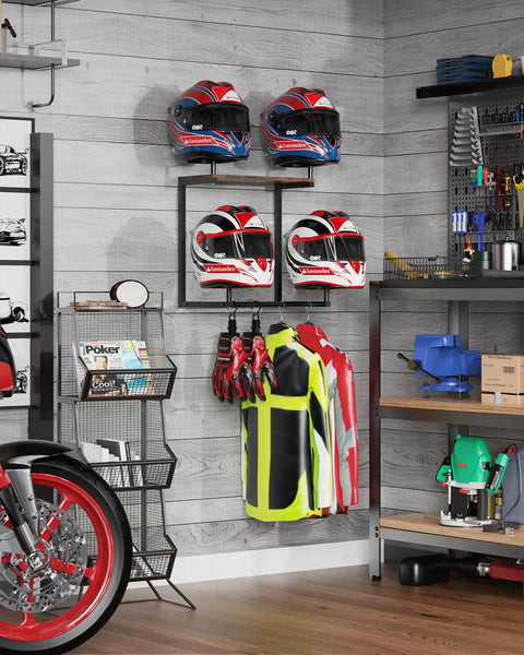 Solid Wood And Reinforced Metal Motorcycle Helmet Rack Wall Mount Heavy Duty Bike Helmet Holder Bracket with helmets and jackets displayed.