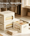 Large Cotton Linen Storage Bins With Lids 2 Pack Closet Organizer holding neatly folded towels in a well-lit room.