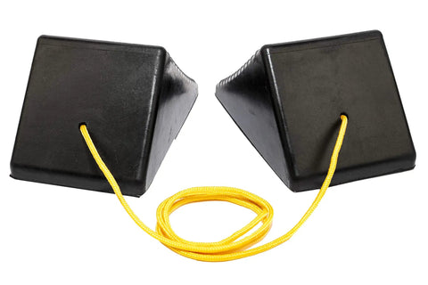 Heavy Duty Solid Rubber Wheel Chocks With Secure Tie Rope 8 By 5 By 4 Inch anti roll parking blocks with yellow rope for vehicles.