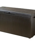 Springwood 80 Gallon Resin Outdoor Storage Box for Patio Cushions, Pool Toys, and Garden Tools with wood-like texture in brown