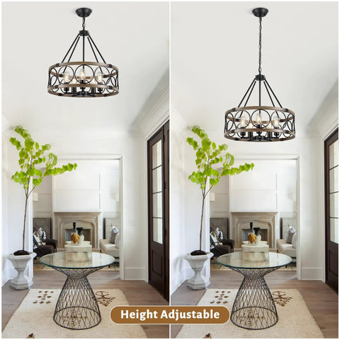 Modern Farmhouse 8 Light Black And Gold Chandelier With Adjustable Rod in dining room over round table