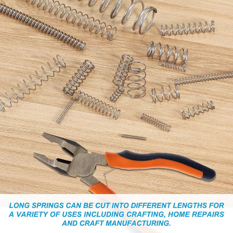Compression Spring Set 304 Stainless Steel Small Extension Springs Assortment Kit for Mechanical Projects on wood surface with pliers