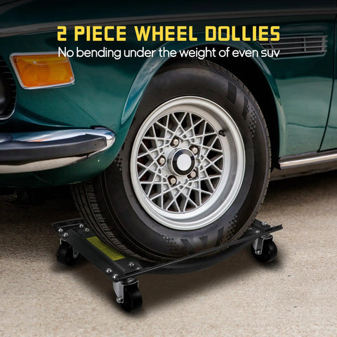 Heavy Duty Car Dolly Set Of 4 Built To Roll Your Rigs Smooth Around The Yard With Secure Side Rails And 10000 Lbs Capacity Swivel Wheel Skates For Garage Suv Truck And Atv, showing a wheel dolly under an SUV tire.