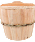 Kickin Flavor Infusion Starts With This Handmade Wooden Rice Steamer Bucket And Tight Fitting Lid Built On A Heavy Duty Stable Base Along With Heat Safe Handles For Daily Meal Prep, showcasing the polished light brown surface.