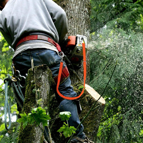 Arborist using chainsaw with Extended Bungee Chainsaw Strap With Long Snap Lanyard For Arborist Gear in forested area