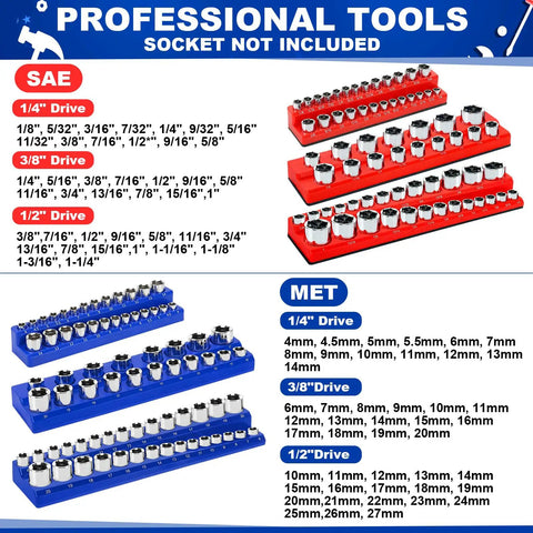 Magnetic Socket And Wrench Organizer Set For Tool Box Drawer, Six Magnetic Racks Hold Twenty Wrenches And Sockets, SAE and Metric Labels
