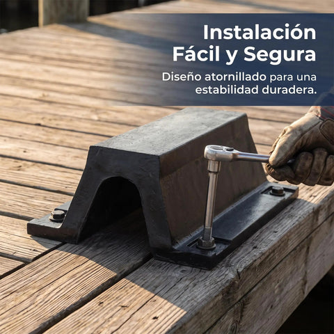 Rubber Arch Dock Shield Bolt Down Kit For Boat Impact Protection being installed on a wooden dock with a wrench