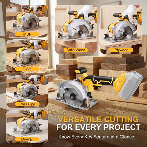 5.5 Inch Cordless Circular Saw Tool Only Compatible With DeWalt 20V Max Batteries cutting MDF, solid wood, plywood, OSB, PVC pipe, and drywall.