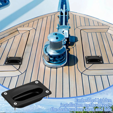 Marine Flush Pull Hatch Handle With Mount Screws, Black Recessed Square Boat Deck Hatch Lift installed on yacht deck