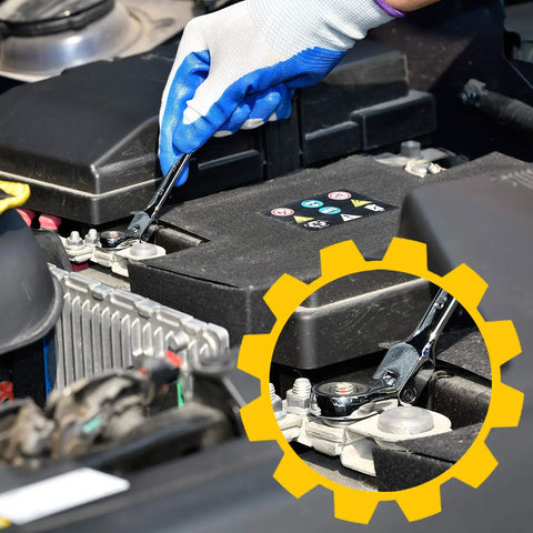 Using 20 Piece SAE And Metric Ratcheting Wrench Set With Chrome Vanadium Steel in car engine bay, close-up view of wrench in action.