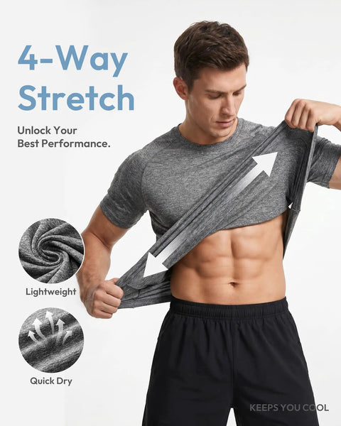 Five Pack Men's Quick Dry Gym Shirts Short Sleeve T Shirts For Workout Moisture Wicking Breathable Soft Stretch Fabric shown worn