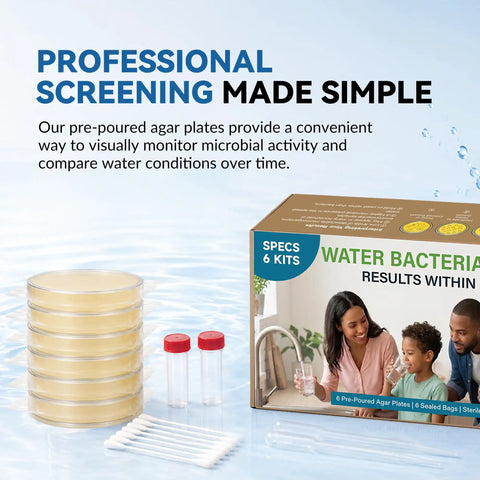 No Sweat Water Bacteria Test Kit Six Pack with pre-poured agar plates and sterile swabs for water testing.