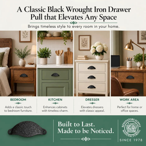 Premium Black Wrought Iron Floral Drawer Pull Cup Bin Handle 4.5 Inch Hella Sturdy Vintage Cabinet Knobs Pack Of One Rust Free hardware showcased on bedside, kitchen, dresser, and work area.