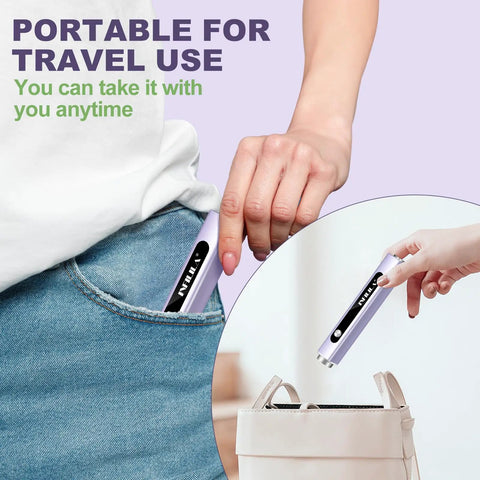 Multi Functional Handheld UV Nail Light With Cat Eye Magnet inserted into a pocket and being placed into a bag.