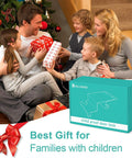 Family celebrating near Christmas tree with Top Door Lock For Kids Safety Adjustable Saddle Design box shown as gift idea
