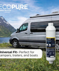 Top Shelf Universal RV And Marine In Line Water Filter next to a camper by a lake, ideal for fresh hydration anywhere.