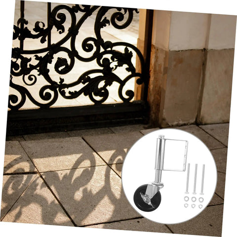 Heavy Duty Spring Loaded Gate Wheel Constructed From Cold Rolled Steel Offers Effortless Rolling On Uneven Ground Comes With Full Installation Kit visible with gate shadow.
