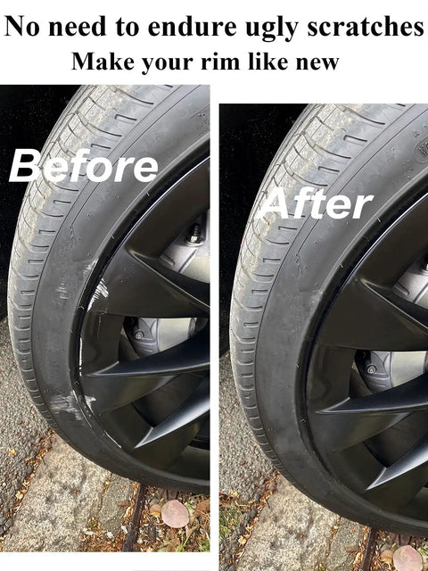 Before and after images of car rim scratch repair using Gloss Black Wheel Touch Up Paint Pen for Quick Car Rim Scratch And Rock Chip Repair.