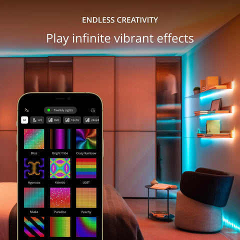 Room with app showing Dots LED String Lights An App Controlled Flexible Color Changing Mood Decor With 60 RGB Segments 200 LEDs Across 33 Feet On Black Wire USB Powered Indoor Smart Home Lighting For Everyday Vibes