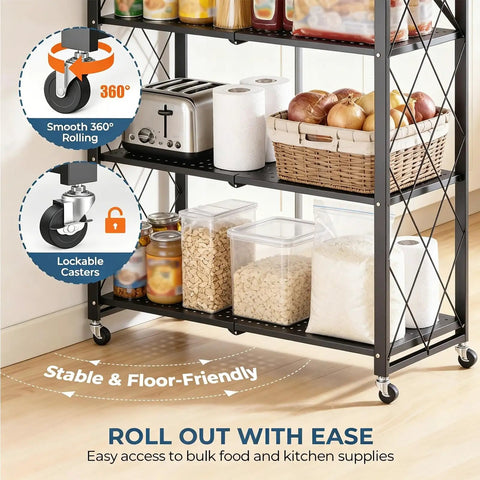 Portable Foldable Storage Shelves Freestanding Three Tier Kitchen Shelving Unit White showing lockable casters for easy rolling.
