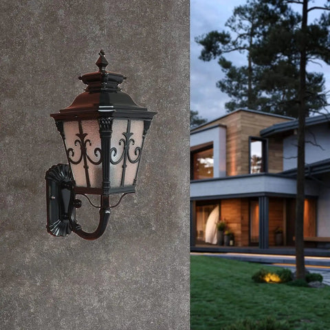 Hardcore Rustic Black Wall Lantern And Outdoor Wall Sconce With All Season Weather Proof Design For Front Porch Patio Entryway, mounted on wall.
