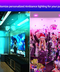 GIDEALED 4 Pack Smart Recessed Lighting 4 inch illuminating a vibrant party scene with colorful RGB lighting above excited guests.
