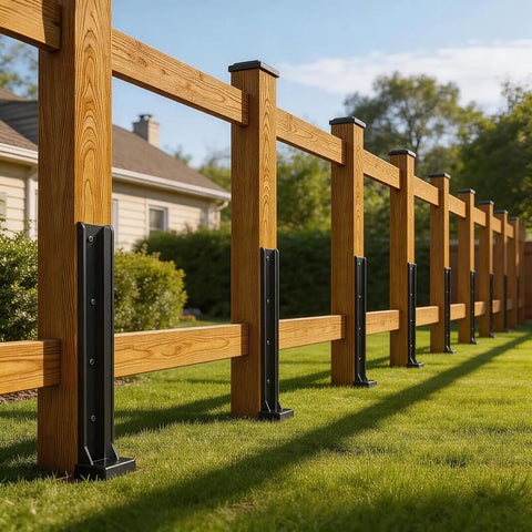 Heavy Duty H-Frame Fence Post Repair Kit, Hella Tough Quick Fix For Wobbly Wooden Posts, No-Nonsense Bolt Down Ground Anchor Bracket with wooden posts.