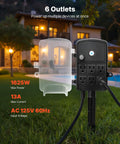 Built Tough Outdoor Power Stake With 100 Foot Extension Cord And Locking Weatherproof Cover, Six Socket Yard Strip Rated For 13 Amps in use with six outlets.