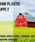 Red barn in a green field with 'Farm Plastic Supply' text, promoting gardening and agricultural products.