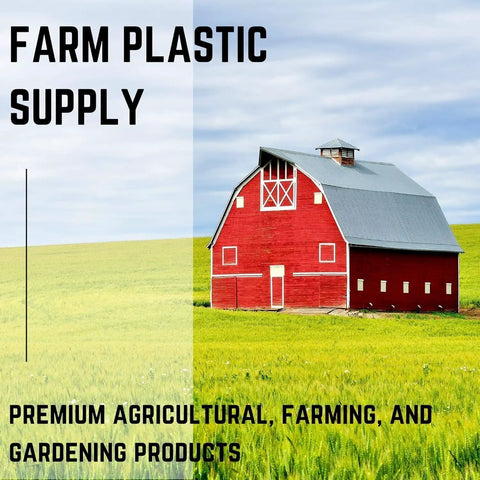 Red barn in a green field with 'Farm Plastic Supply' text, promoting gardening and agricultural products.