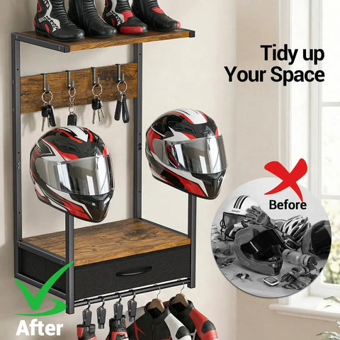 Heavy Duty Motorcycle Helmet Wall Mount With Dang Tough Waterproof Steel Construction And Roomy Fabric Drawer For Storing Jackets Boots Helmets And Ride Essentials To Keep Garage Clean, featuring two helmets and shelves.