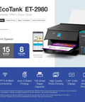 ET-2980 EcoTank Wireless All-In-One Color Supertank Printer With No-Fuss Refillable Ink Up To 3 Years Of Ink Auto Duplex Printing 15 Pages Per Minute 1.44 Inch Color Screen Ideal For Home Use And Family Projects displayed with phone and printed page