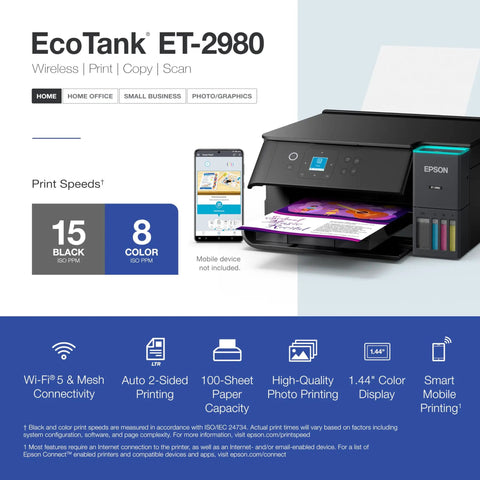 ET-2980 EcoTank Wireless All-In-One Color Supertank Printer With No-Fuss Refillable Ink Up To 3 Years Of Ink Auto Duplex Printing 15 Pages Per Minute 1.44 Inch Color Screen Ideal For Home Use And Family Projects displayed with phone and printed page