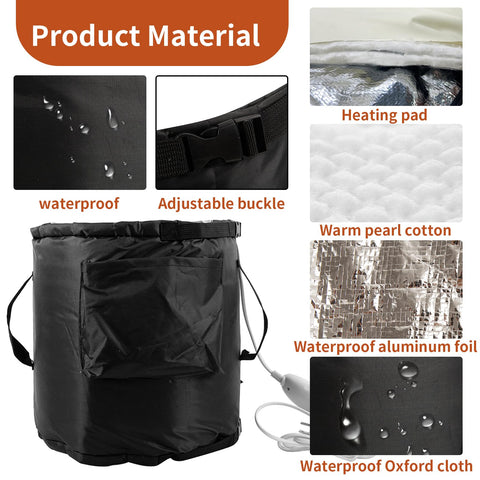 Propane Tank Warmer Blanket With Temperature Controller And Timer For Outdoor Use, showing materials and waterproof features