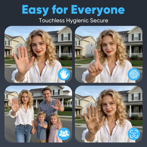 Premium Smart WiFi Door Lock Featuring Rapid Facial Recognition And Palm Vein Fingerprint Scanning For No Sweat Keyless Entry shown in touchless hand gestures.