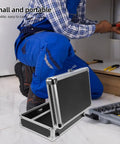 Heavy Duty Aluminum Tool Box With Secure Combination Lock, Boss Grade Hardware Organizer Case For Real Deal Mechanics, Massive Job Site Storage Trays For Hand Tools And Instruments, portable open toolbox on floor.