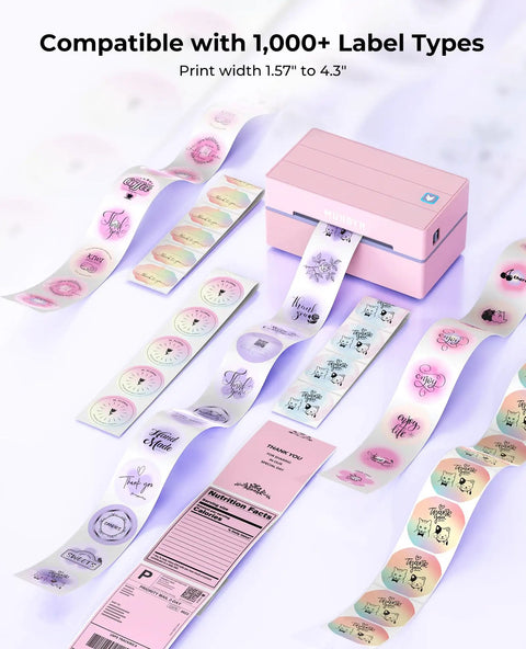 Bluetooth Thermal Label Printer 4x6 Shipping For Small Business And Home Office Fast Wireless Label Printer Up To 72 Labels Per Minute Inkless Cost Saving Works With iPhone Android iPad Windows macOS Chrome Etsy eBay. Pink printer with various label types.