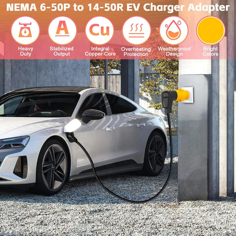 Nema 6-50P To 14-50R EV Level 2 Charging Adapter 32 Amp Max connected to an electric vehicle in a driveway.