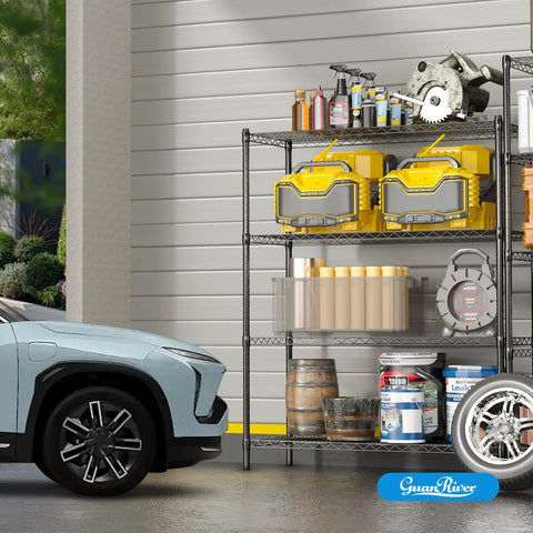 Heavy Duty Wire Shelving Unit With Four Adjustable Shelves Built Like A Tank For Garage Storage Black Coated Metal Rack displaying tools in garage.