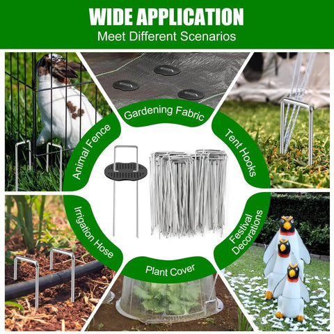 Heavy Duty 6 Inch Garden Staples, 11 Gauge, 25 Pack, shown securing various outdoor materials and scenarios.